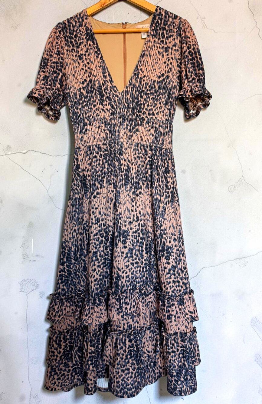 Hutch Adelia Leopard Print V-Neck Puff Short Sleeve Midi Dress Size S Feminine